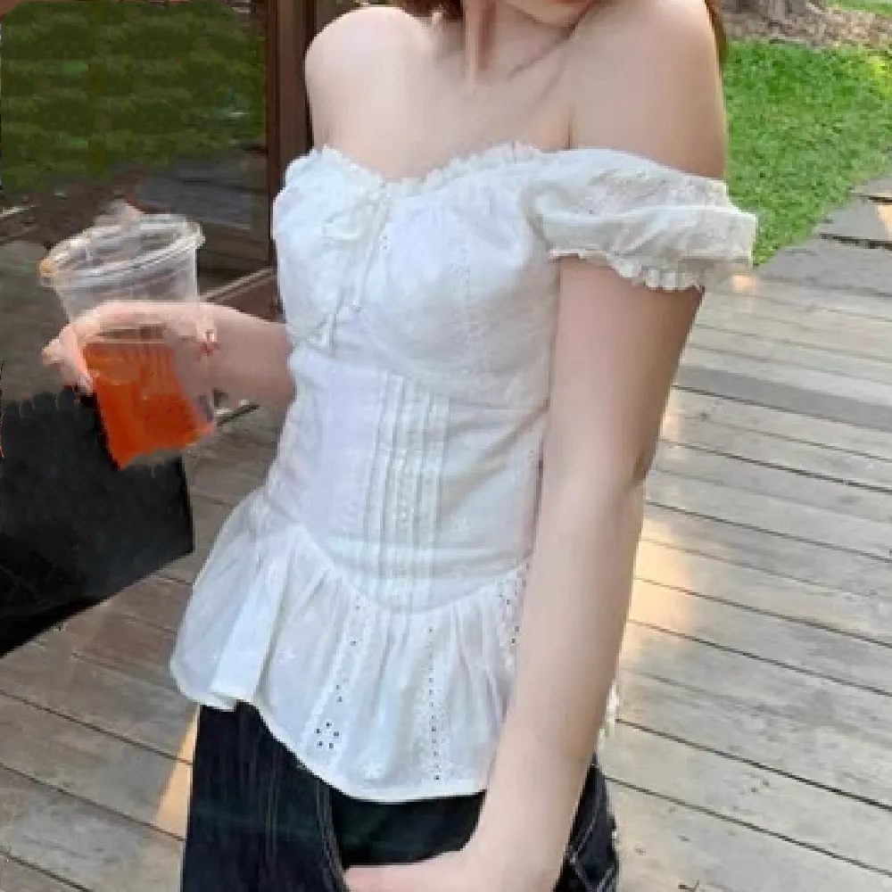 2025 Sexy White Embroidery Hollow Out Lace Elastic Slash Shoulder Short Sleeve Shirt Women Elastic Back side Zipper Crop Tops