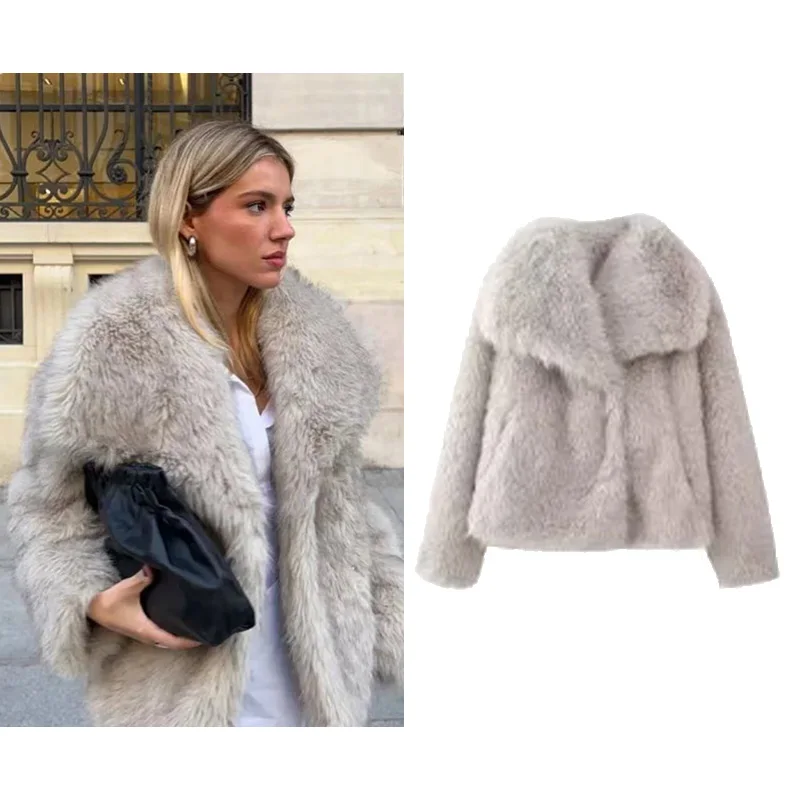 

Autumn Women Faux Fur Jacket Casual Large Lapel Collar Pocket Women's Coat Fashion Warm Jacket Female Chic Tops