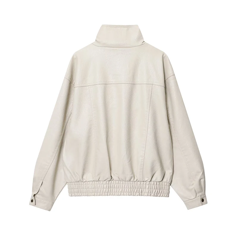 レディースレザースタンドカラーショートジャケット、仕事用ポケットとメタルジッパー付き、秋と冬のカジュアルレトロジャケット、女性服