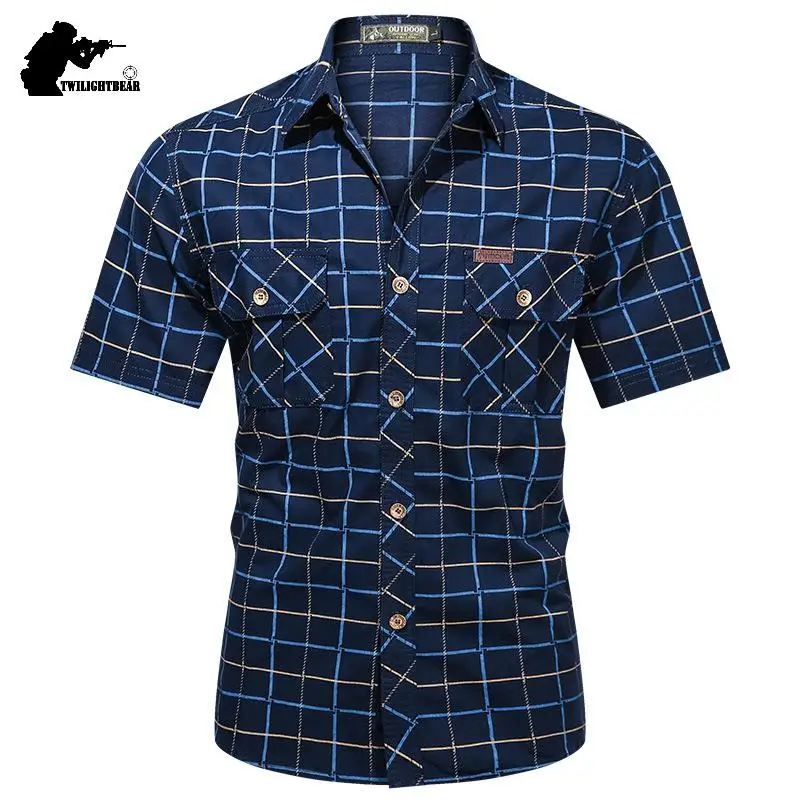 

Summer Men's Plaid Shirt Short Sleeve Shirts 5XL Oversized Loose Pure Cotton Casual Shirt Men Clothing Tooling Blouses A2F5009