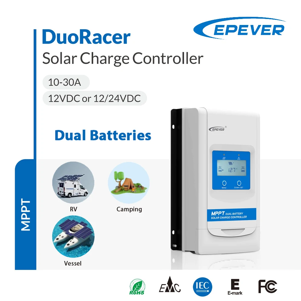 

Солнечный контроллер Epever Duo Racer MPPT, 20 А, 30 А, солнечная зарядка, двойная батарея, 12 В/24 В, пульт дистанционного управления для Campe 1206N DR2210N-DDS DR3210N-DDS