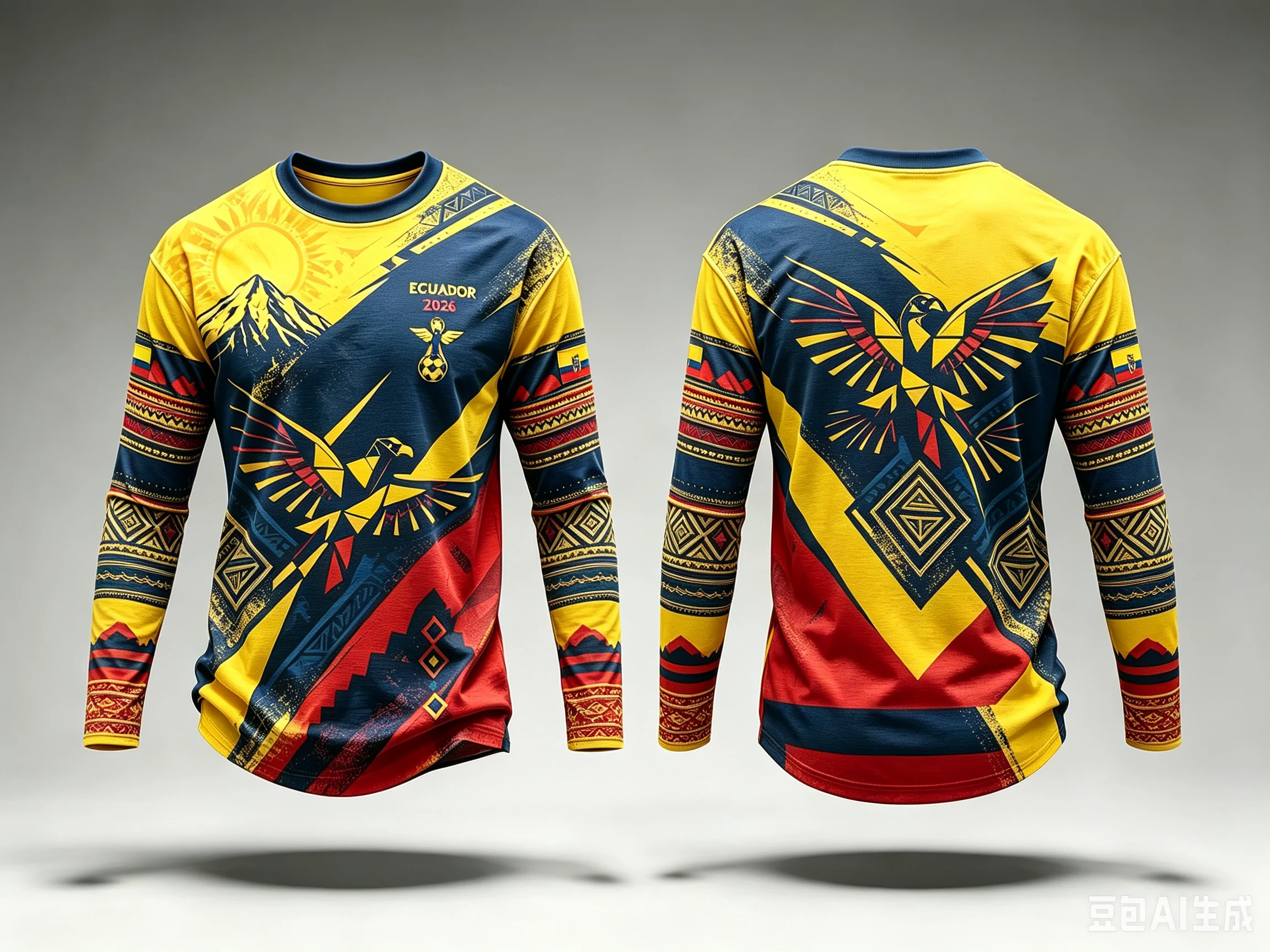 Men Women Ecuador 2026 Long Sleeve Soccer Jersey, 3D Tribal Eagle Mountain Print Quick Dry Athletic Sports Tee Quick Dry Fashion