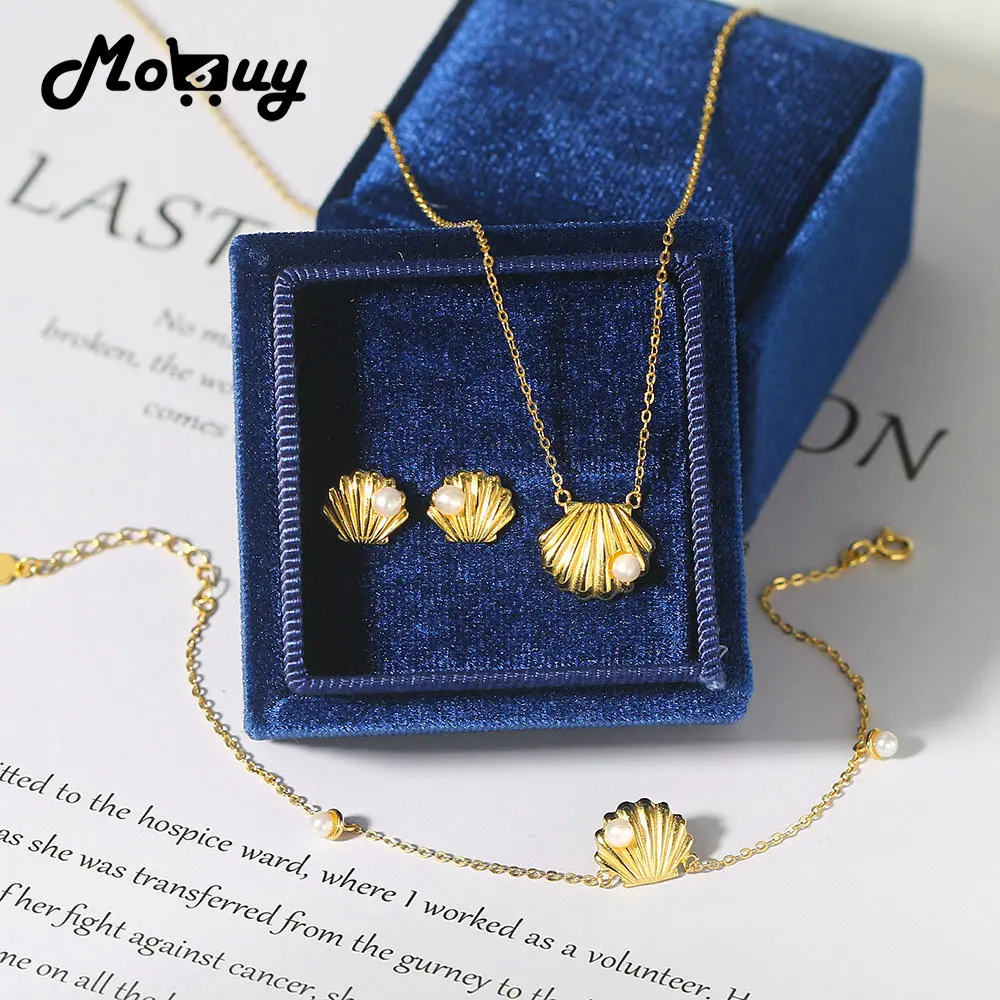 MoBuy Natural Freshwater Pearl Shell 925 Silver Jewelry Set For Women 14K Gold Plated Fine Jewelry Summer Beach Accessories V094