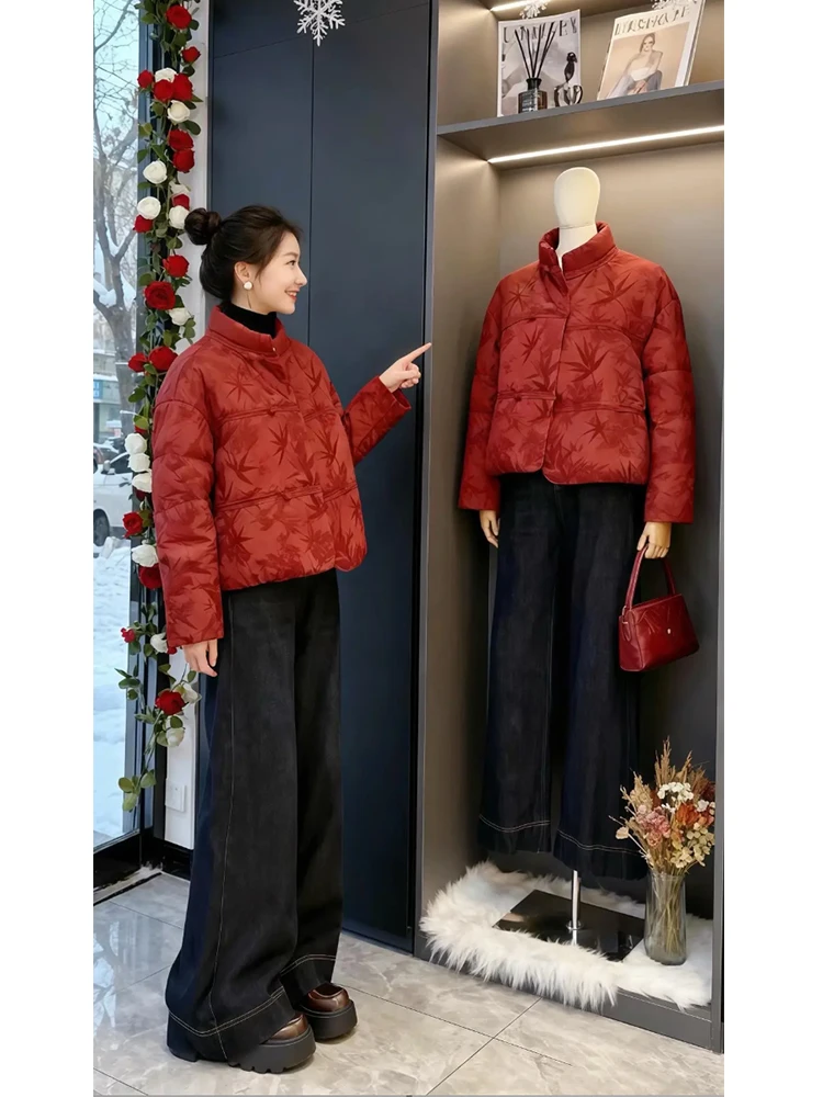 

Red Thiened down Cotton Jaet Women's Bread Sle Coat Warmth New Chinese Sle National Trend Winter New Arrival