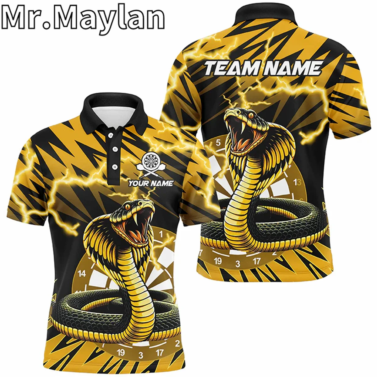 Personalized Yellow Black Snakes 3D Darts Polo Shirts For Men Thunder Lightning Darts Team Jerseys Gift For Darts Lovers Tops