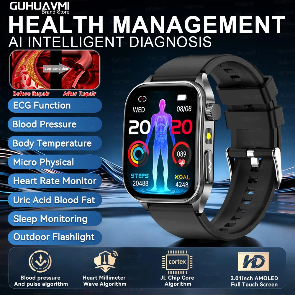 2026 Nieuwe 650nm Laser Therapie Gezondheid Smartwatch Mannen ECG Bloeddruk Lipid Urinezuur Bluetooth Oproep Smart Horloge Voor Android IOS