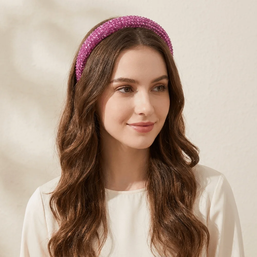 Hairband Padded Rhinestone Headband Wide-brim Solid Color Shiny Hairband Non-slip Handmade Sponge Hair Hoop Prom
