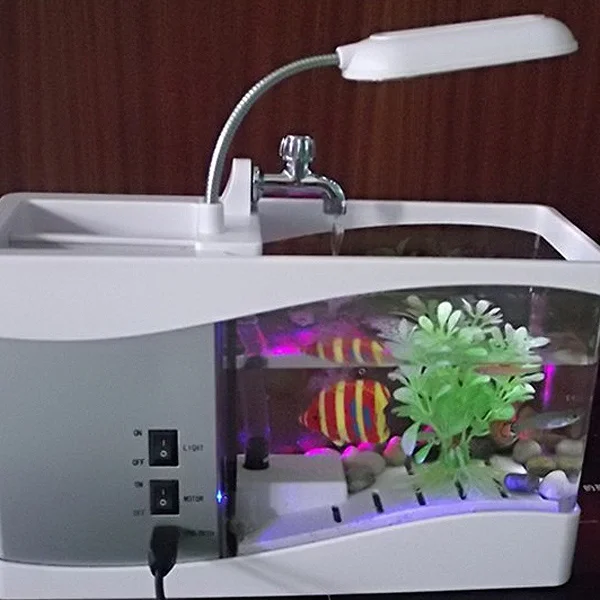 

Multifunctional USB Desktop Aquarium Fish Tank LCD Display LED Light Lamp Pen Holder Calendar Alarm Clock White