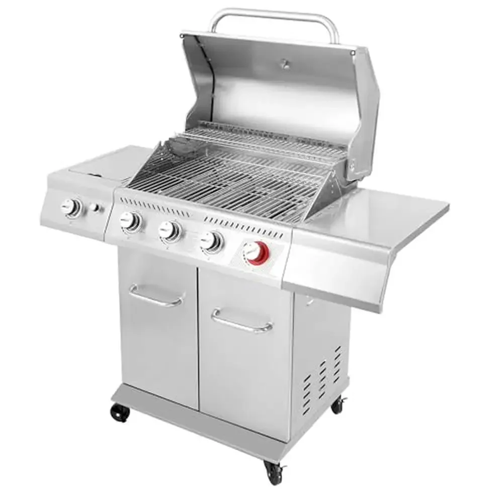 

Gas Grill 4-Burner Stainless Steel 54,000 BTU Outdoor Patio Sear Burner Side Table Reliable Ignition Double-Layer Lid Long-Time