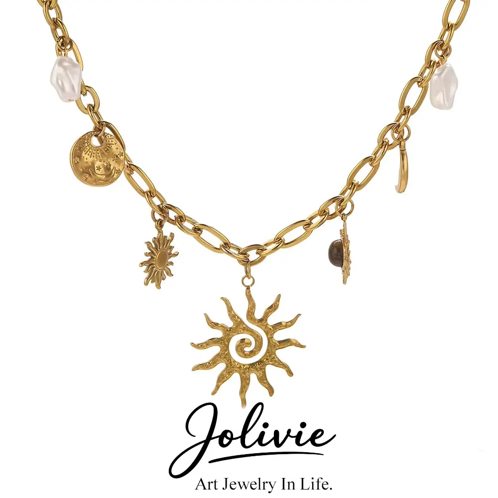 Jolivie Vintage-Halskette aus Edelstahl mit Naturstein-Sonnenanhänger für Damen, goldener Mond, Sonne, Stern, Charms, Modeschmuck, Geschenk – Detail 2