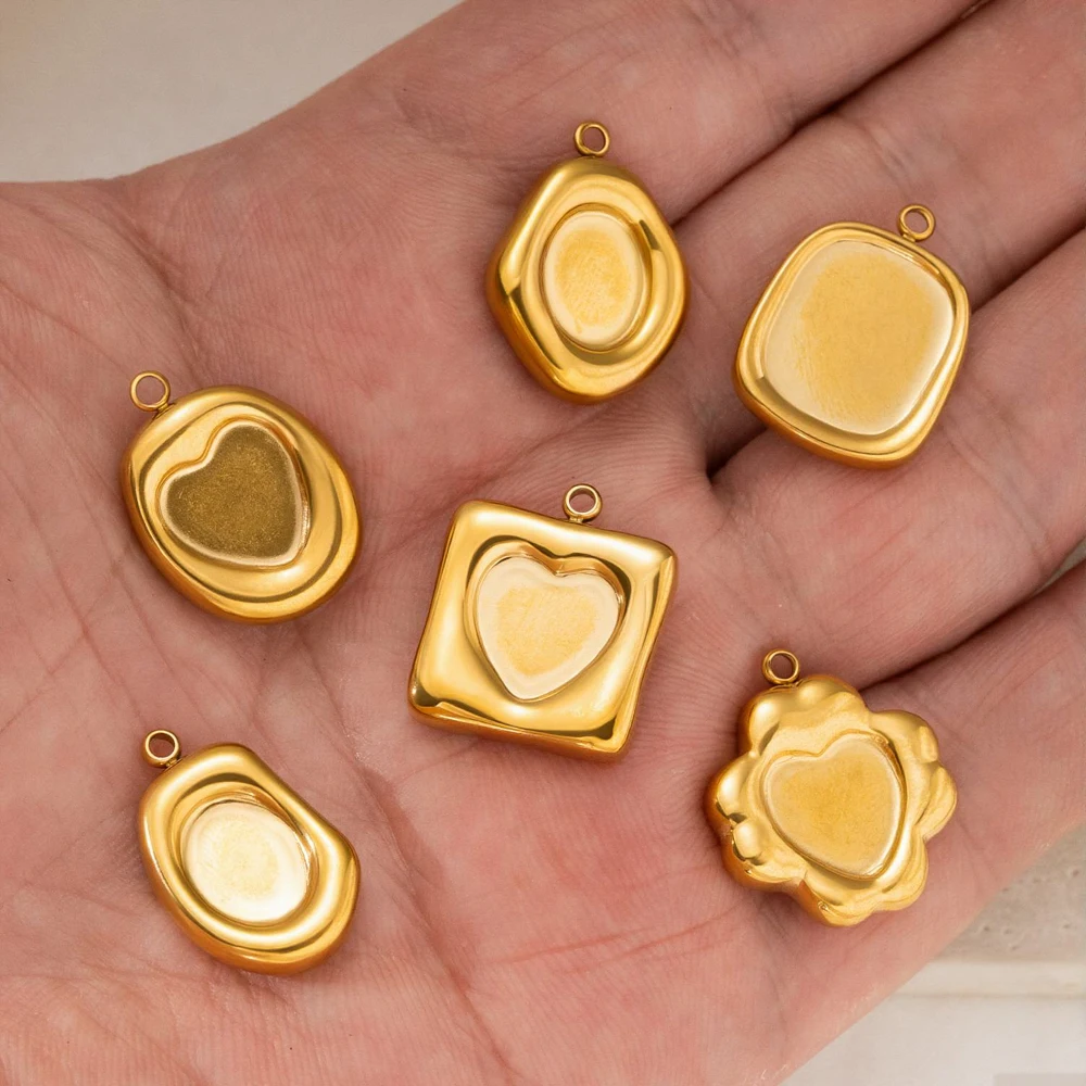 5Pcs Stainless Steel Irregular Heart Oval Blank Flower Border Trays Cabochon Base Pendant DIY Necklace Jewelry Making Supplie