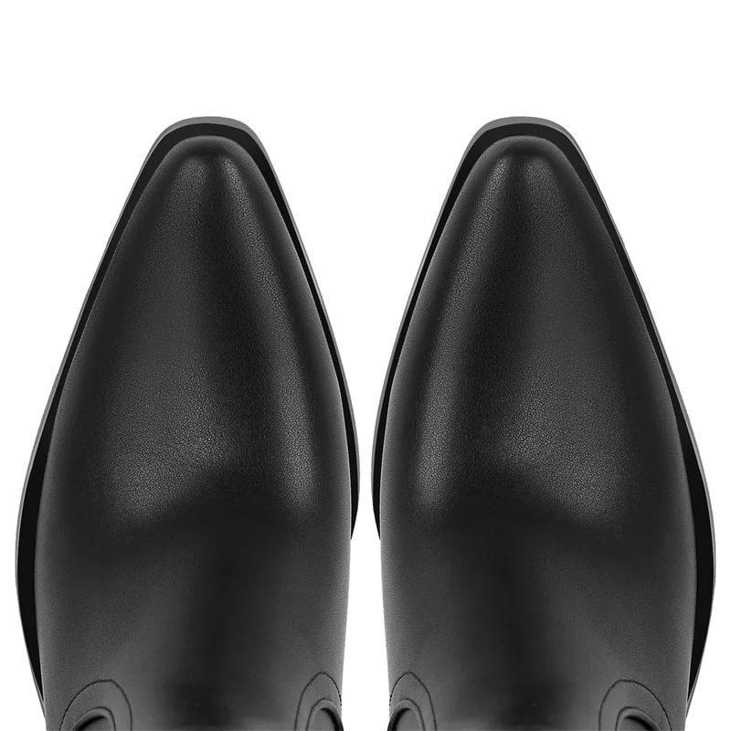 Onlymaker Pointed Toe Black Chunky Heel Western Ankle Boots Big Size Slip On Westen Cowgirl Boots