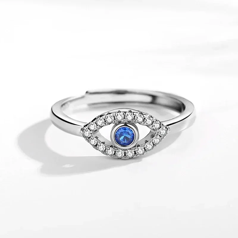 Kaetine Zircon Evil Eye Rings for Women Turkish Open 925 Sterling Silver Lucky Adjustable Finger Ring Wedding Couple Jewelry