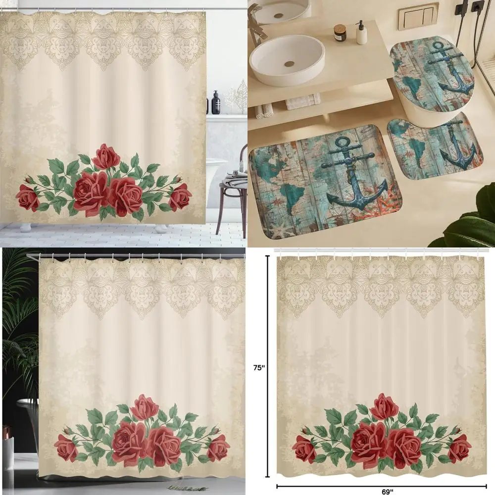 

Элегантная винтажная занавеска для душа с цветочным принтом - красная роза с любовью и очарованием из мягкой ткани для декора ванной комнаты