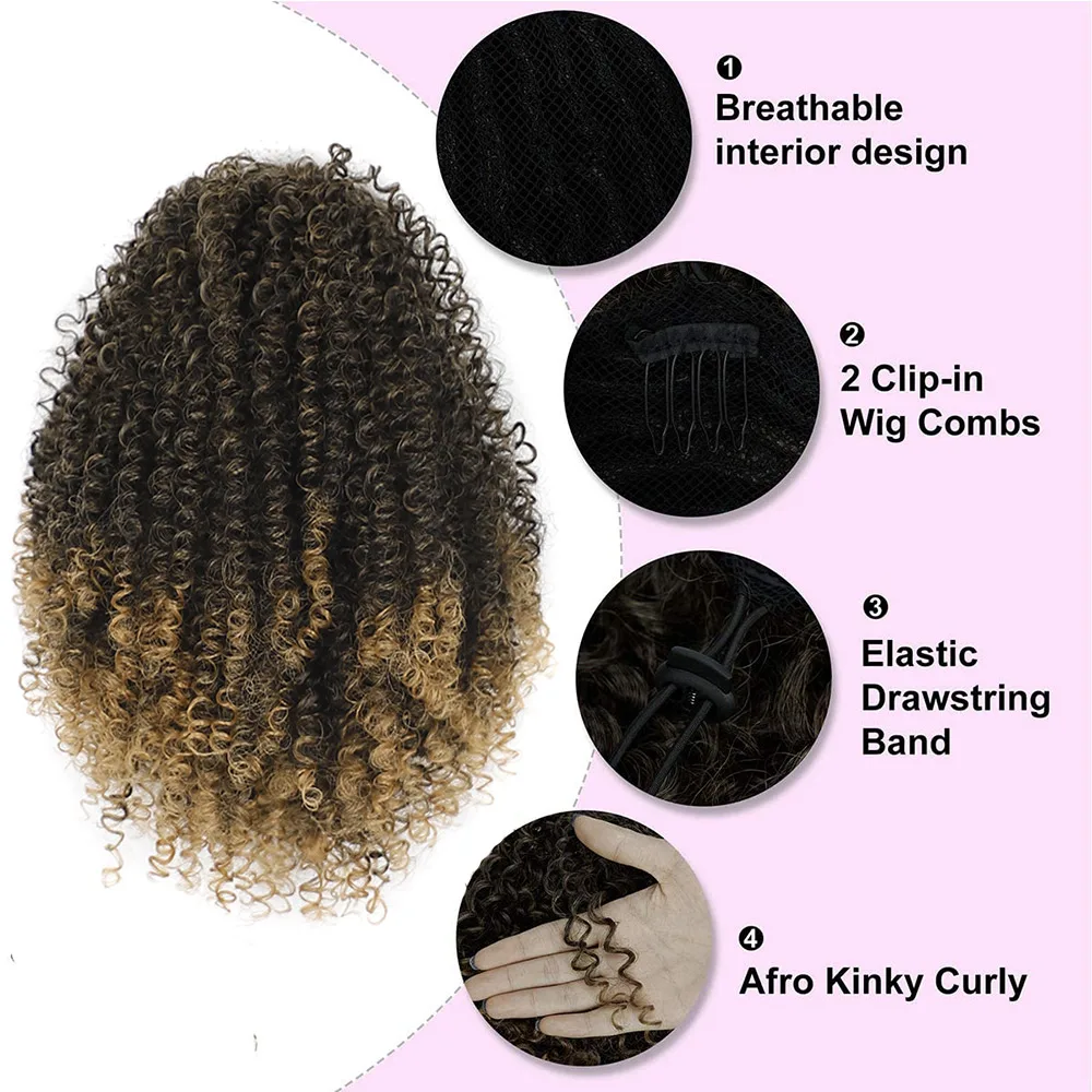 Queue de cheval synthétique bouclée Afro Kinky Curly Proximité Wstring Extension de cheveux à clipser, Postiches chignon courtes, 10"