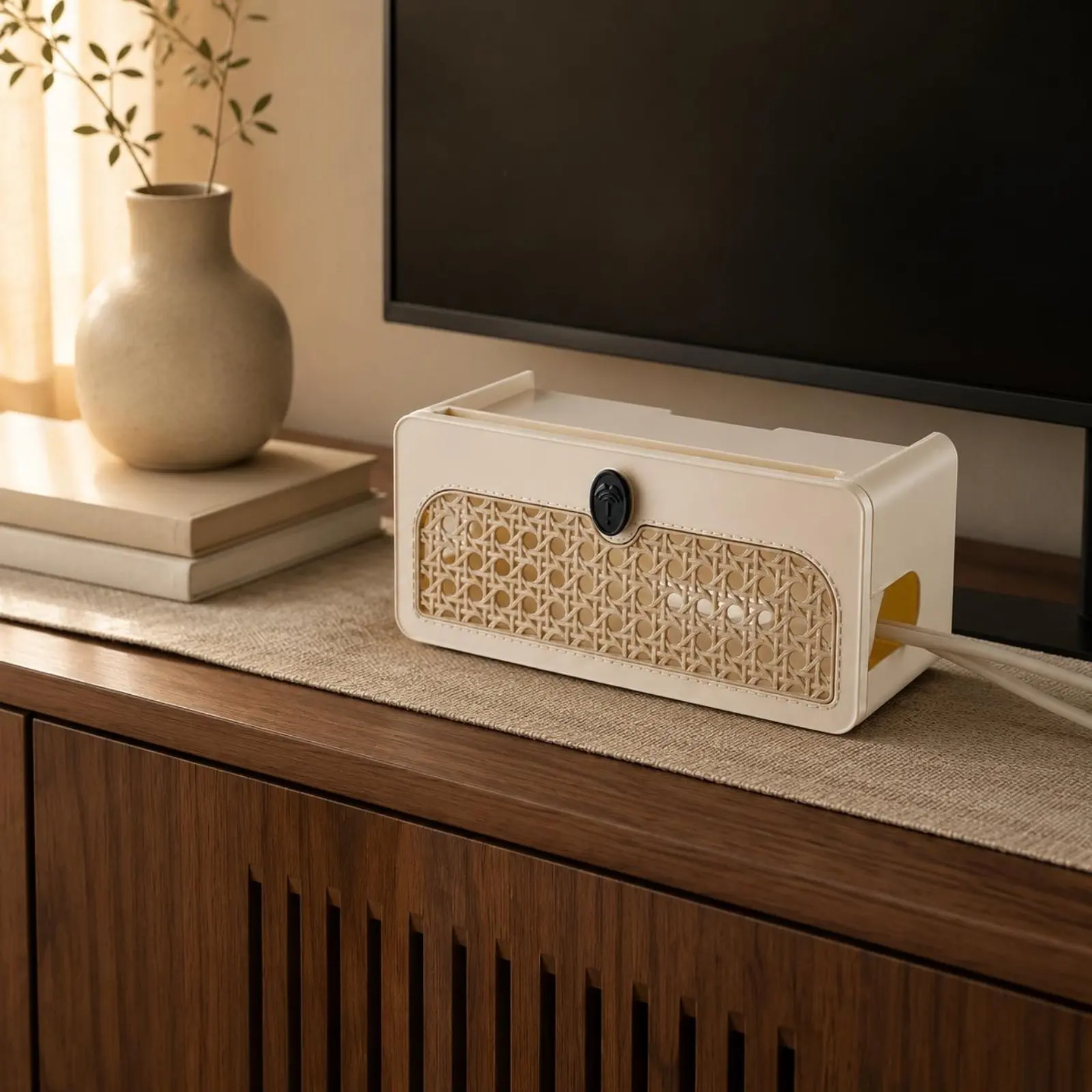 Desktop Cable Organizer Side Pass-Through Openings Hard-Shell Cable Box Uncovered Top Slot Woven-Design