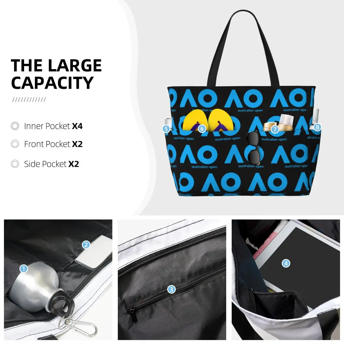 Tas Tote Pantai Australian Open AO (Versi Biru) Tas Tote Besar Olahraga Gym Yoga Tas Travel Wanita Tas Kebugaran