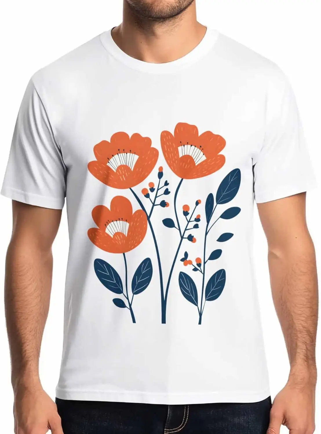 

Pastoral Flower Leaf Mens T-Shirts,Short Sleeve T Shirts for Men Crew Neck Tee Orange Floral Blue Men's T-Shirts