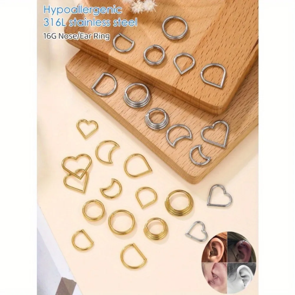 1pc Simple Seamless Closing Circle Love Moon Laminated Nose Ring Lip Ring Ring with Earrings Hinge Segment Cartilage Earrings