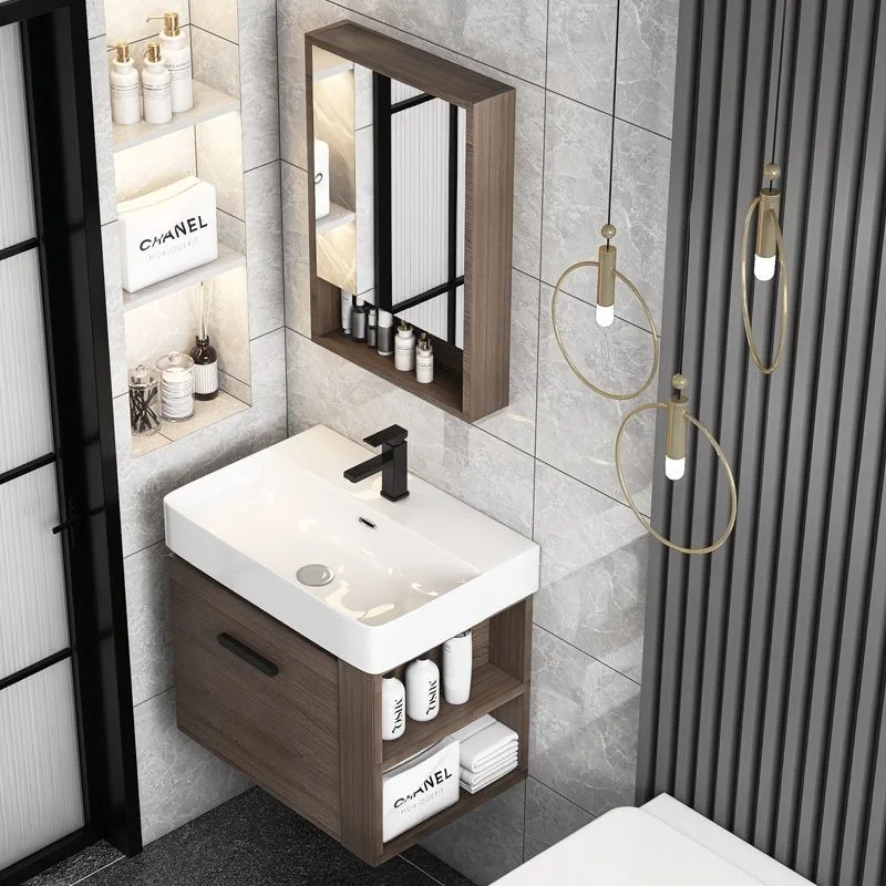 Solid wood wash cabinet combination Side storage Bathroom cabinet Ceramic integrated basin Wash Integrated