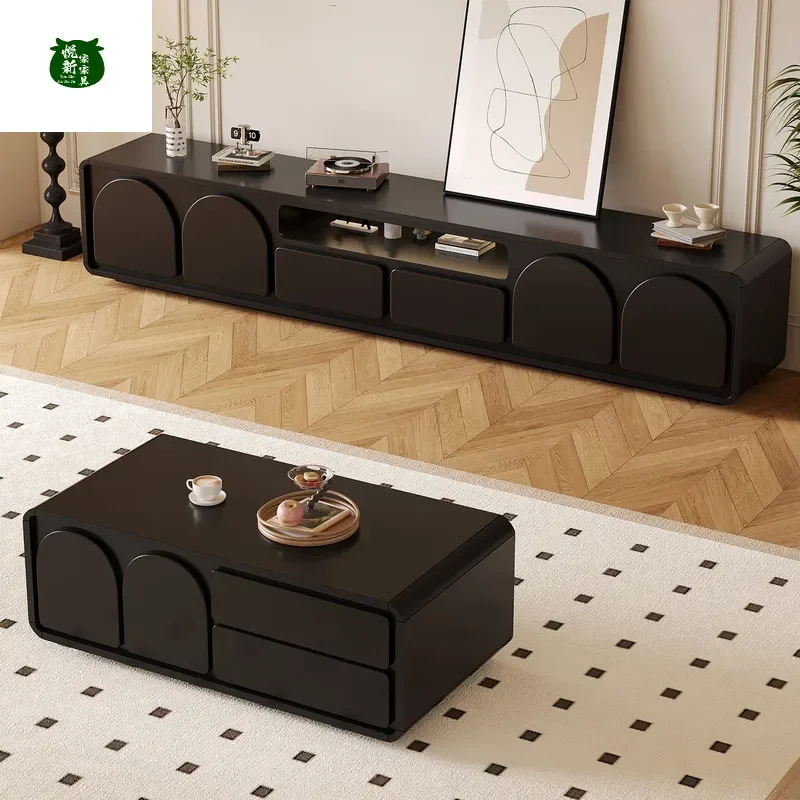 Medieval Rounded Corner TV Cabinet and Coffee Table Combo Black French Retro Light Luxury Modern Living Room Furniture for