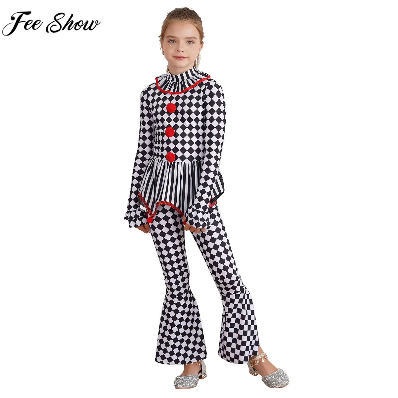 

Children Girls Halloween Carnival Circus Clown Cosplay Stage Performance Costume Long Sleeve Checkerboard Print Zipper Jumpsuit