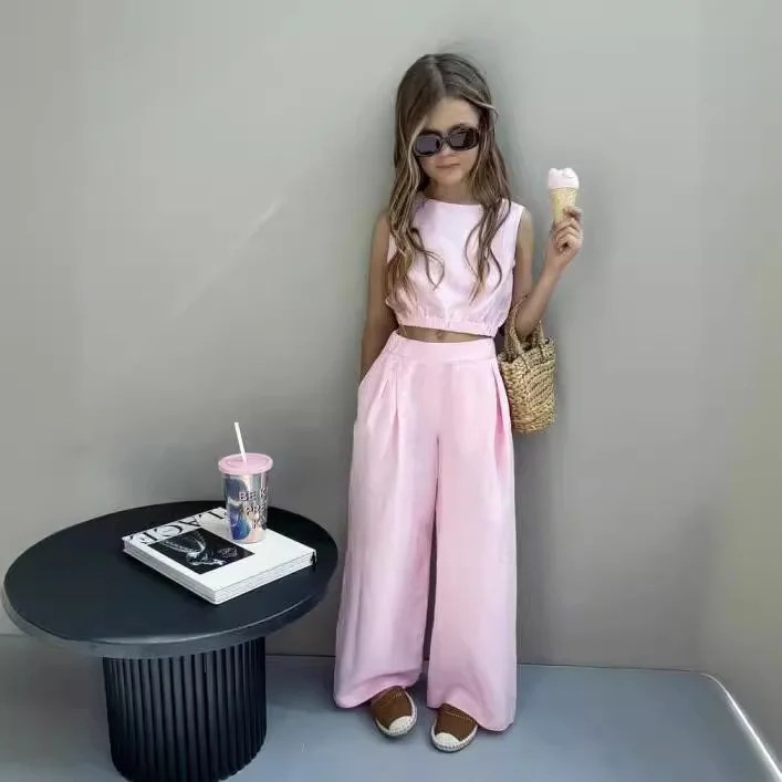 2024 Summer Girls Cotton and Hemp Fashion Waistband Tank Top+Western Pants Children\'s Two Piece Set