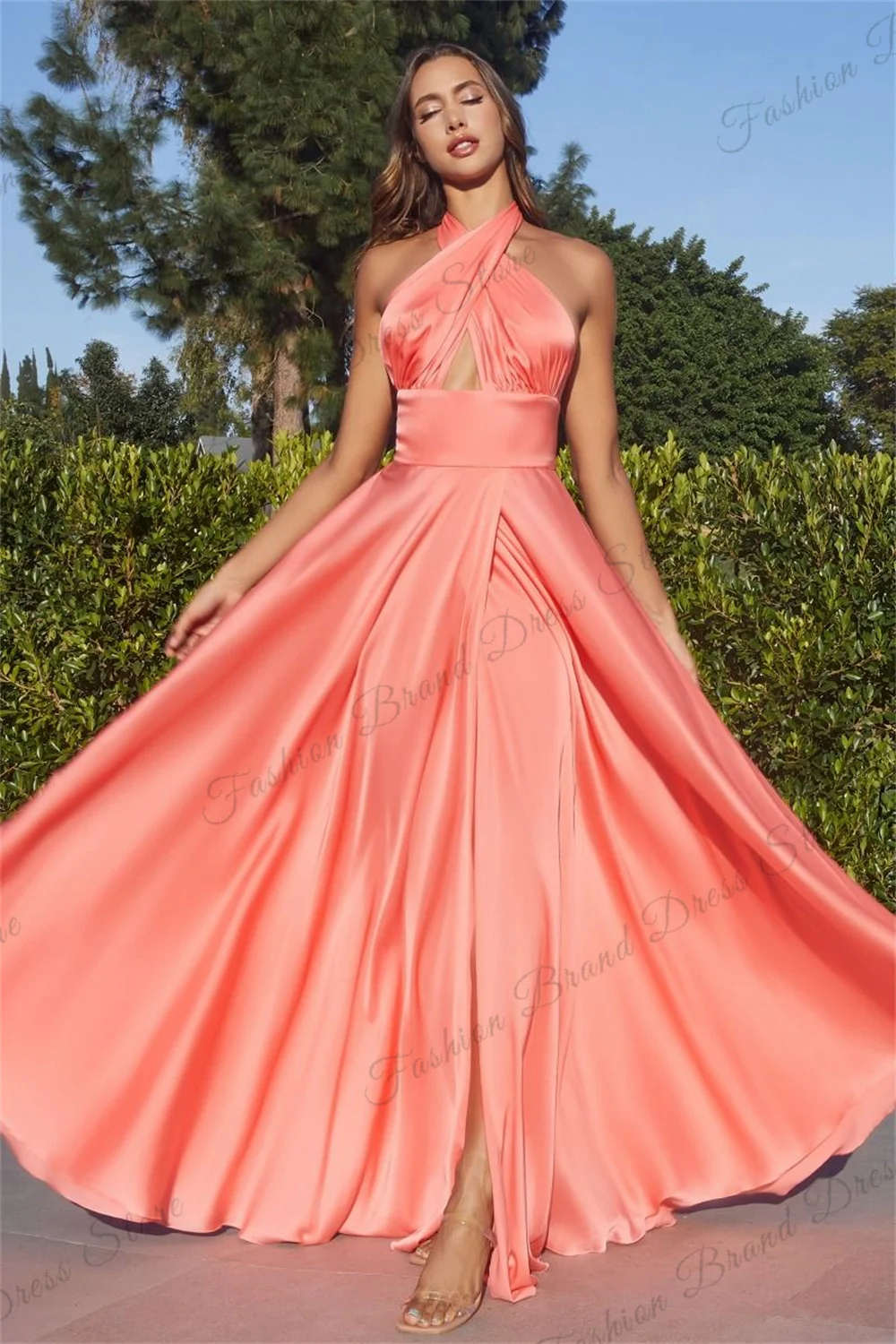 

Satin Changeable Halter Neck Prom Dresses With Split Sleeveless Backless Formal Evening Pleated Corset A-line Long Ball Gowns