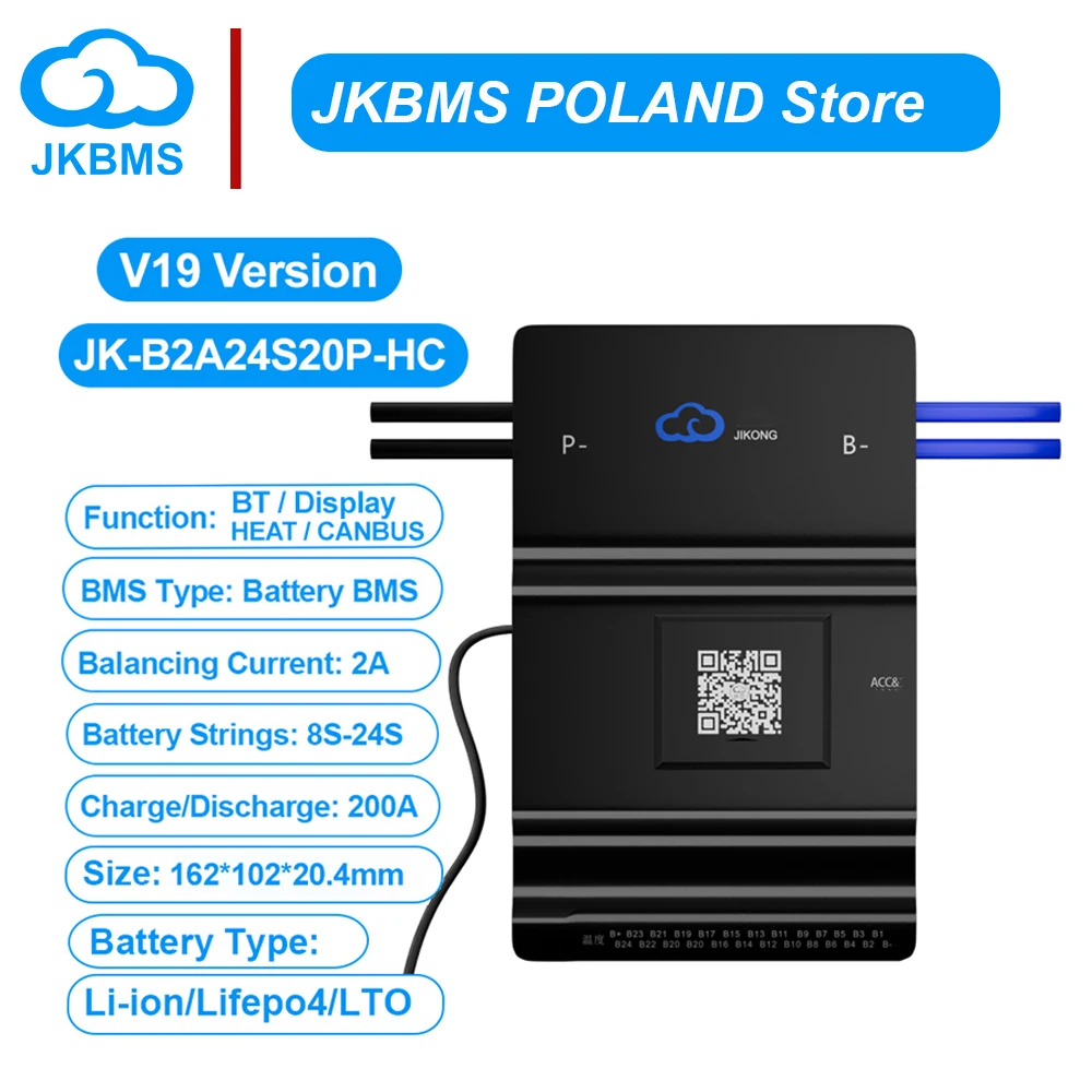 JIKONG BMS 200A V19 JK-B2A24S20P HEAT CANBUS 16S 20S 24S Smart BMS 2A Aktiver Ausgleich 24V für Lifepo4 Li-Ion Lto Batterie JKBMS App Bluetooth