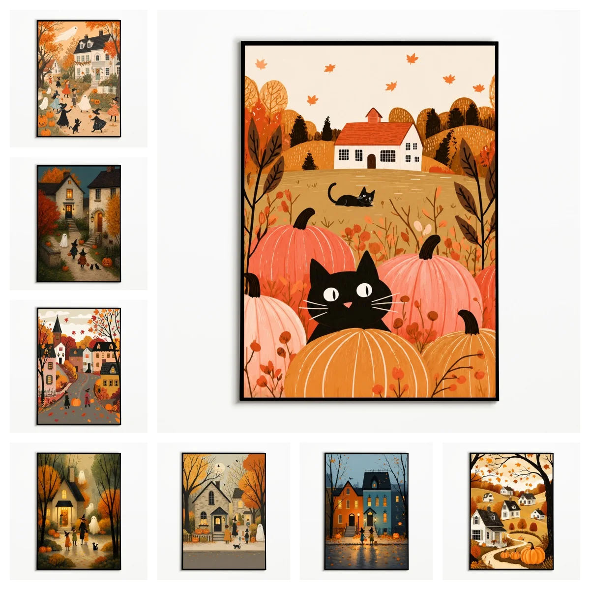 1PC Autumn Countryside Pumpkin Black Cat Children's Poster  Halloween Retro Town Ghost Witch Wall Art  Frameless Canvas Print