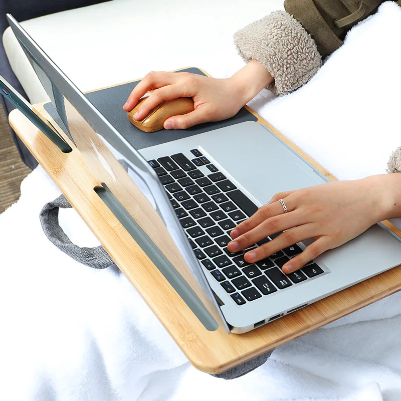 Bamboo Portable Laptop Desk Notebook Double-Sided Use Car Office Desk Shelf Small Table for Bed Portable Workstation