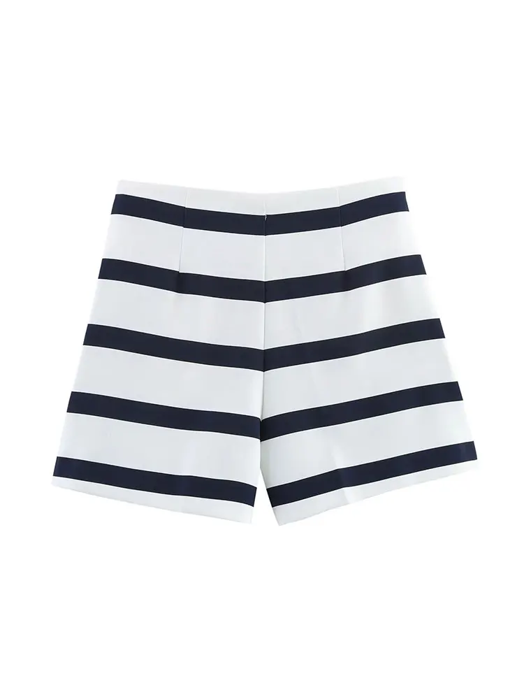 NLZGMSJ 2025 بدلة نسائية صيفية أنيقة غير رسمية شريطية برقبة دائرية وأكمام قصيرة شورت فضفاض مستقيم أطقم موضة جديدة