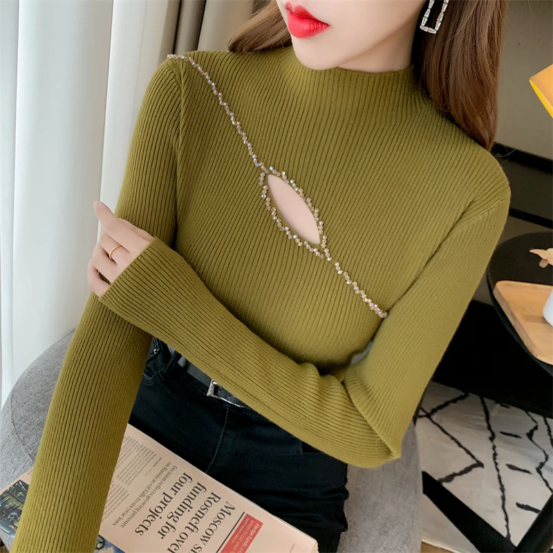 2023 New Korean Fashion Sexy Nail Diamond Knitted Sweater Autumn Winter Women Hollow out Pullover Tops