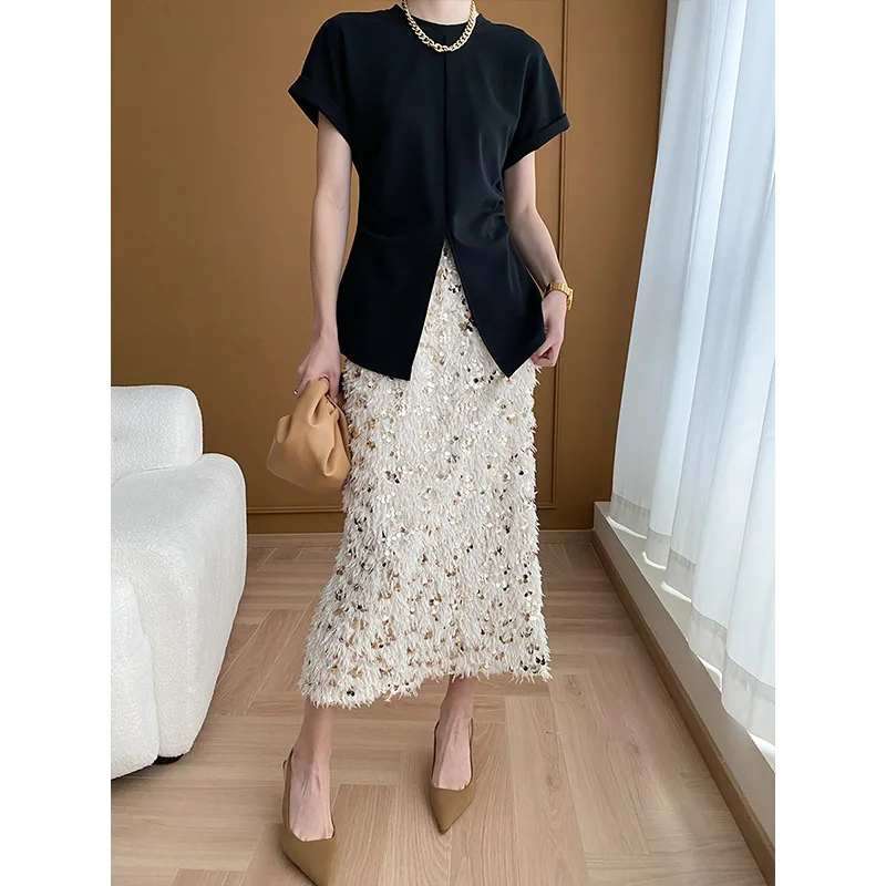 ALIDISC Back Split Half Skirt Women's2024Early Spring New French Personalized Atmosphere Sparkling Feather Long Half Skirt Party