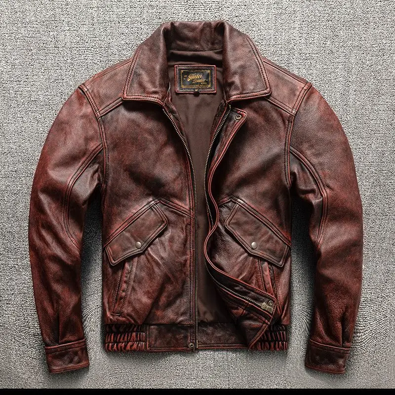 Cowhide Leather Jacket Men Retro Stone Grinding Old Flight Suit Leather Jacket Large Size Autumn and Winter Slim Jacket 5XL