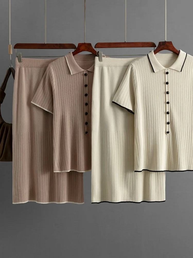 Women's temperament knitted half skirt set for spring and summer polo collar fashion two-piece set