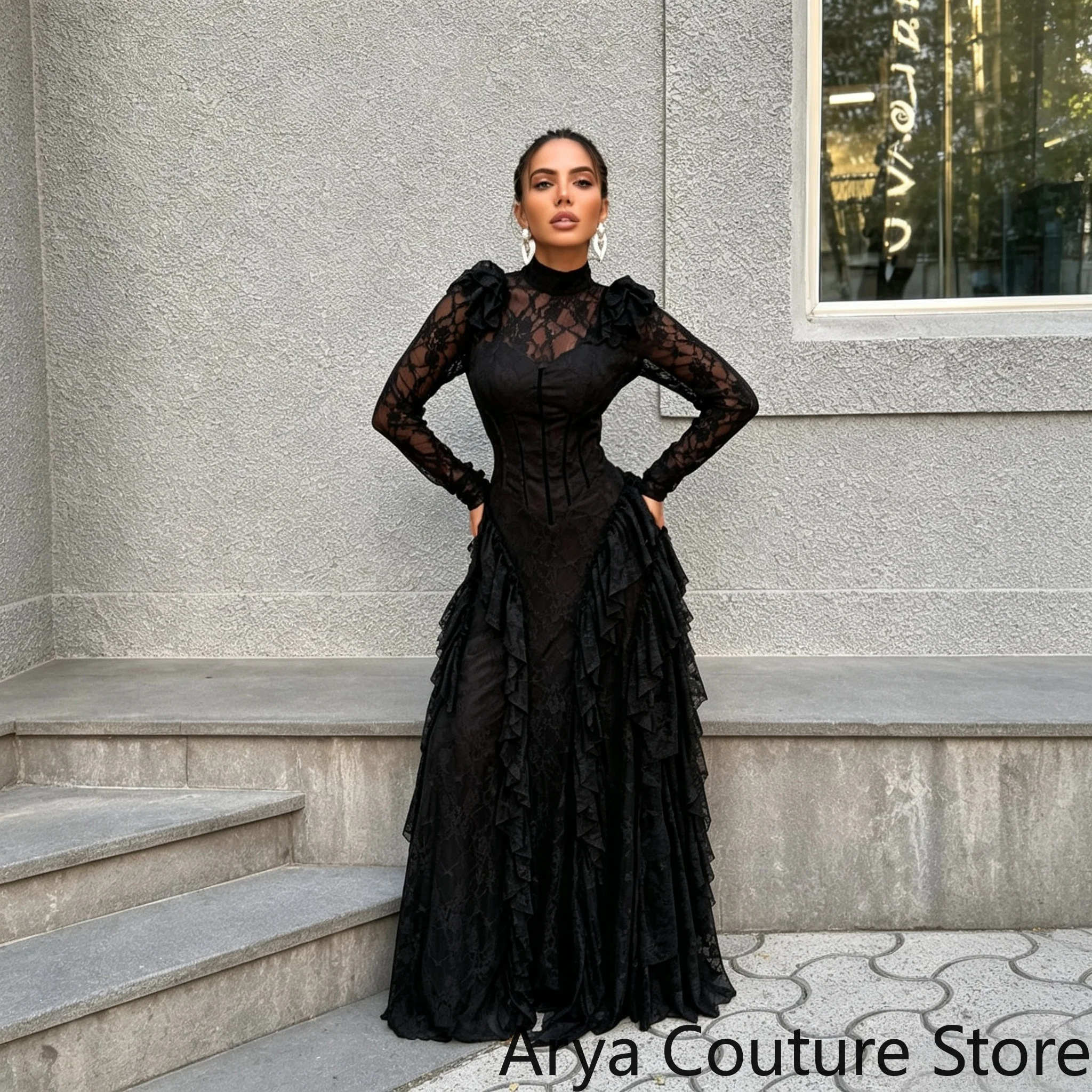 Customized Gothic Black Lace Evening Gown High Neck Sheer Mesh Long Sleeve Structured Corset Bodice Multi‑Layer Tiered Ruffle