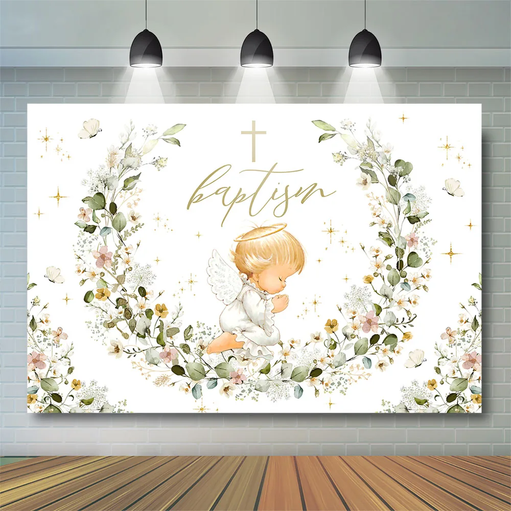 Angel Baby Shower Background Banner Newborn 1st Baptism Holy Communion Green Leaves Decor Backdrop Prop Flowers Butterfly Booth