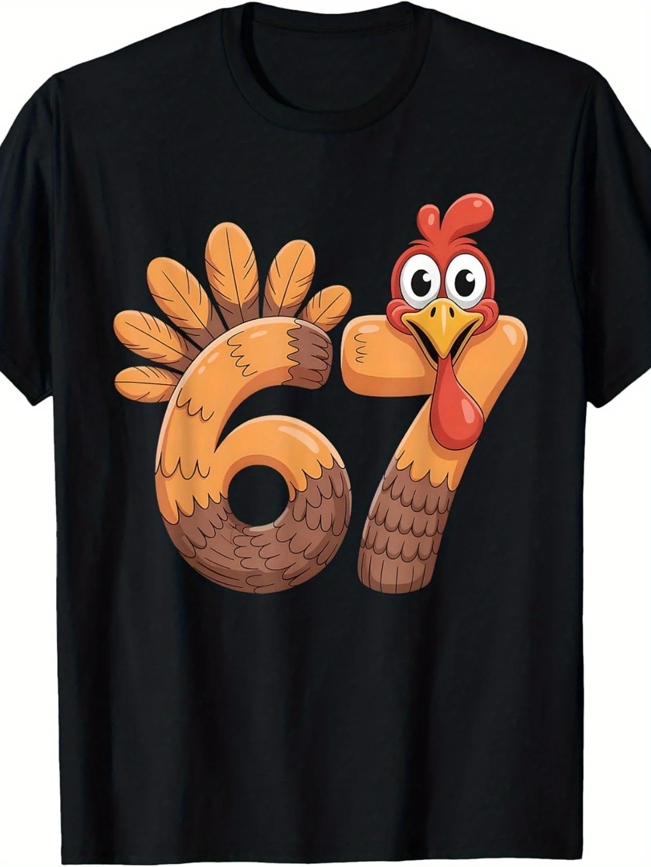 

Funny Number 67 Turkey T-Shirt - Unisex Black Cotton Crew Neck T-Shirt with Turkey 67 Design, Turkey Feathers, and ~Casual Wear~ Perfect Fun Gift