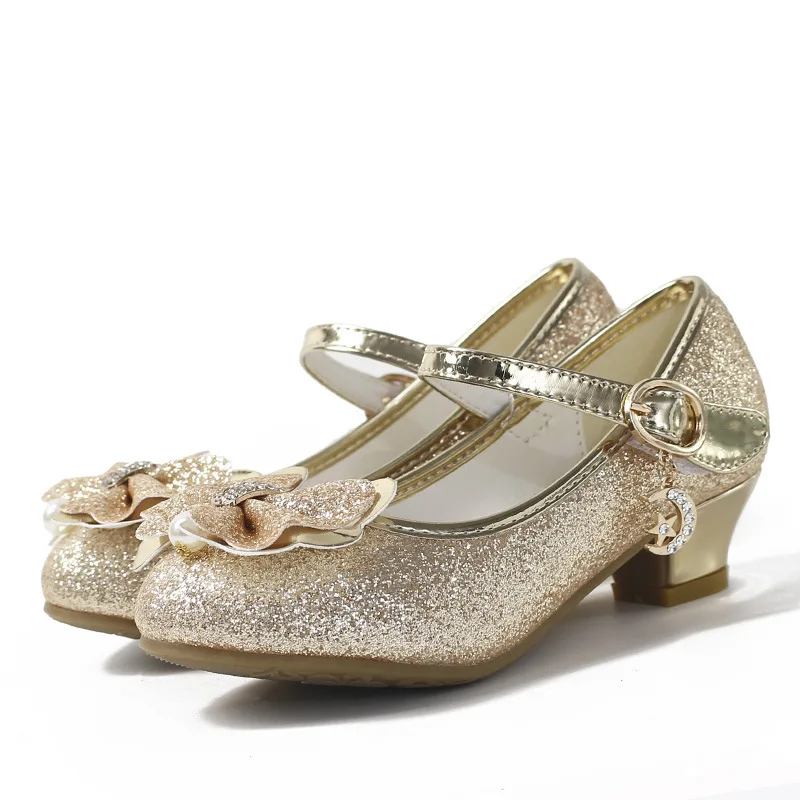 Chaussures en cuir à talons hauts pour enfants, chaussures provoqué à paillettes, nœud papillon, princesse, performance scolaire, enfants, filles, mode, printemps, automne