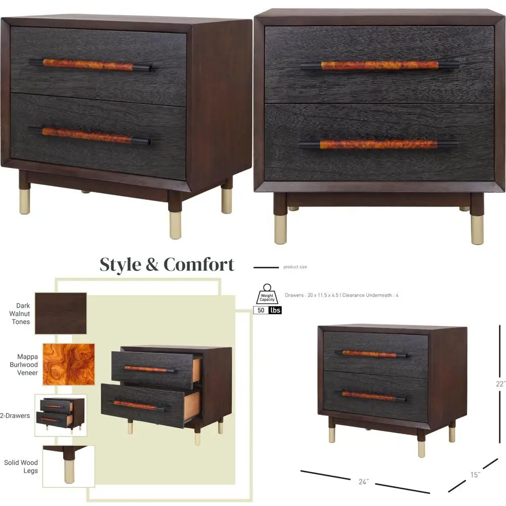 Two-Drawer Nightstand in Dark Walnut Finish, Modern Side Table for Bedroom or Living Room