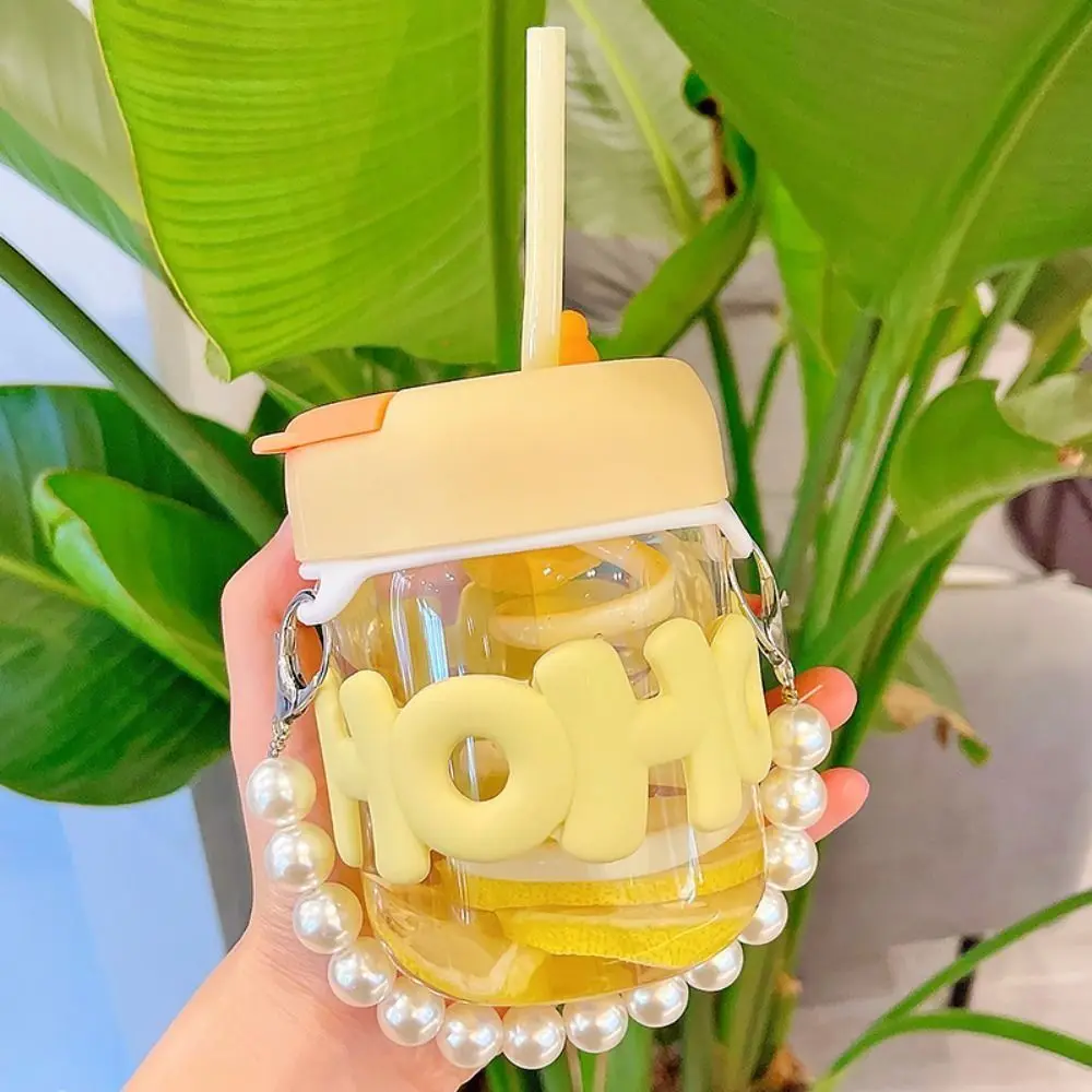 Cute 350ml Glass Straw Cup with Pearl Bracelet Portable Water Bottle Transparent Drinking Bottle Travel
