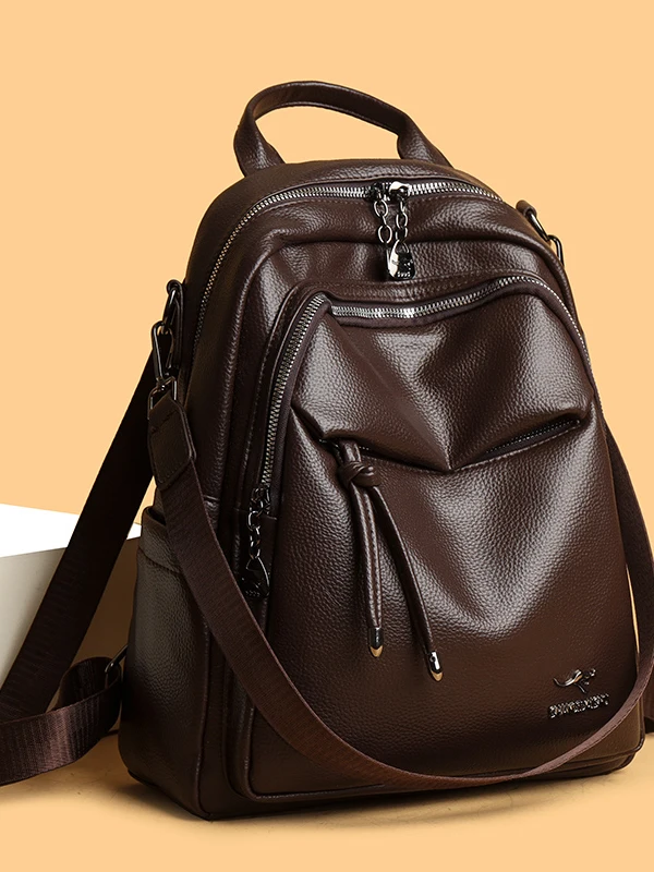 Leather Texture Women's Backpack Casual Travel Large Capacity Lightweight Multifunctional Bag Soft Shoulder Straps Zipper Clo...