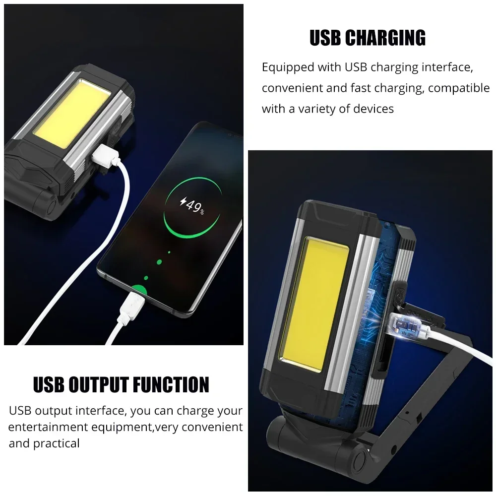 USB Rechargeable COB Work Light Super Bright LED Flashlight Portable Camping Lamp with Tail Magnet Waterproof Adjustable Lantern