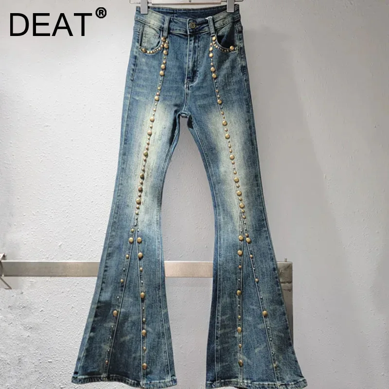 DEAT 2024 Winter New Items Fashion Rivet Irregular Denim Long Pants For Women Causal Versatile Jeans Female Trend 11A01853