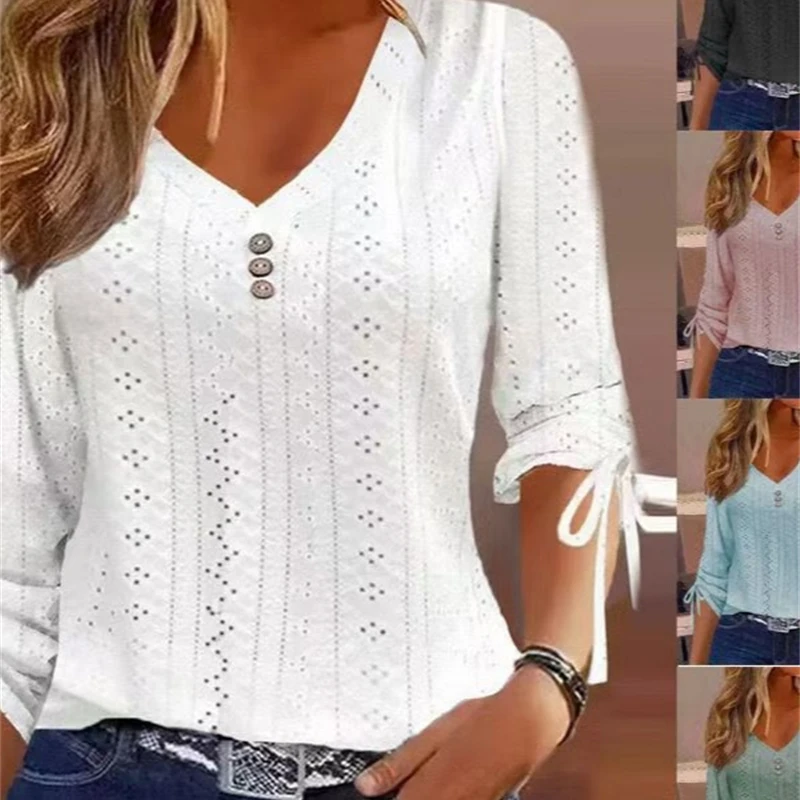 

Womens Long Sleeve T-Shirt Solid Color Jacquard Button Up Blouse 2025 Fall Winter Fashion Casual Comfortable Plain Tops