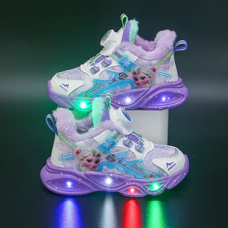 Disney Frozen Girls Casual Shoes LED Light Sneakers Elsa Princess Shoes Autumn and Winter Warm Casual Shoes Kids Birthday Gift