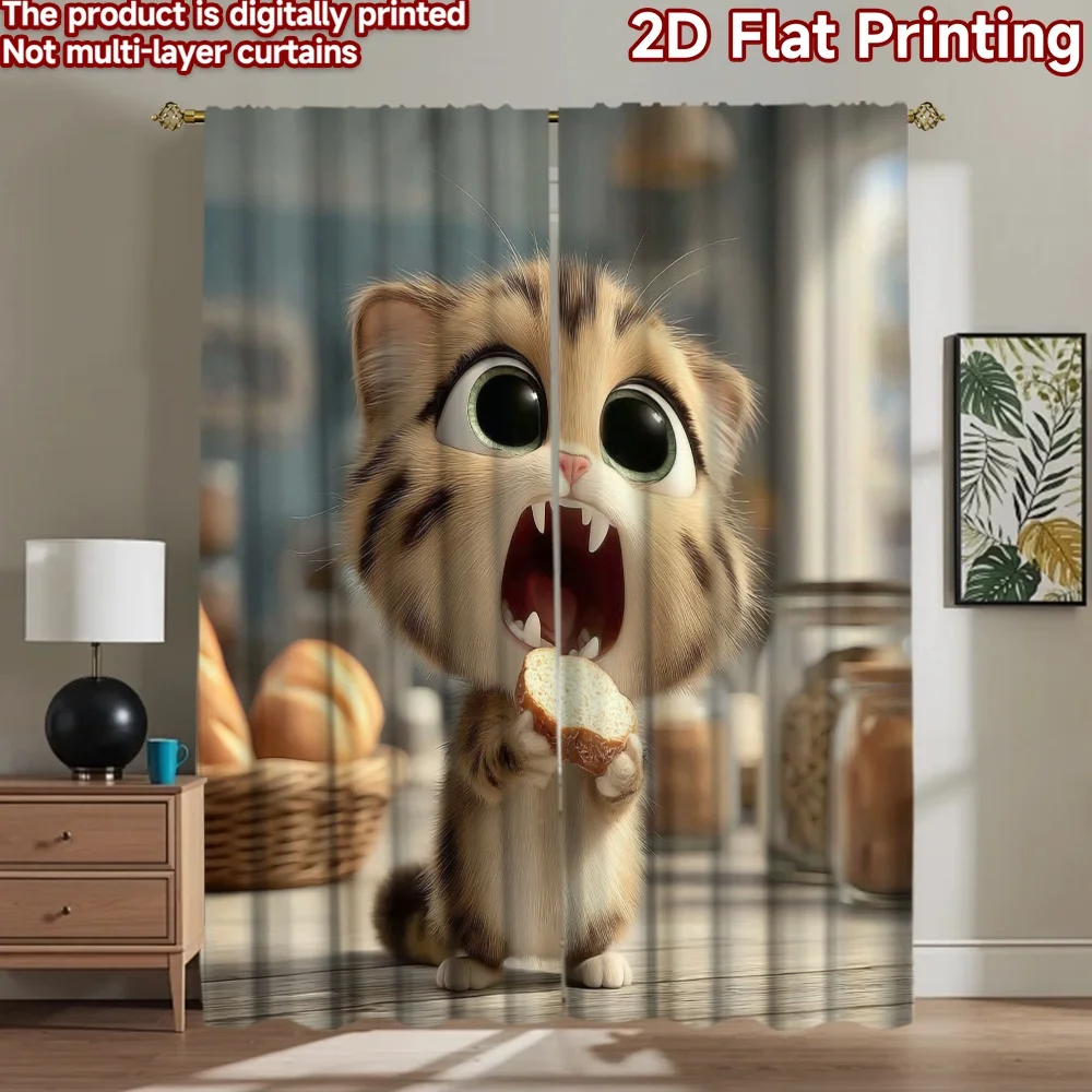 

2D flat printing 2pcs Party Curtain Cute Cat Eating Bread Digital Printed Polyester Drapes Family Party Decoration Use for All
