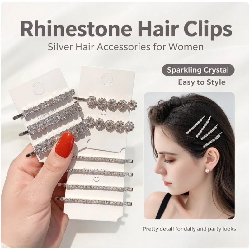 Rhinestone Hair Clips for Women Sparkling Crystal Barrettes Silver Metal Side Hairpin Daily Party Hair Accessories