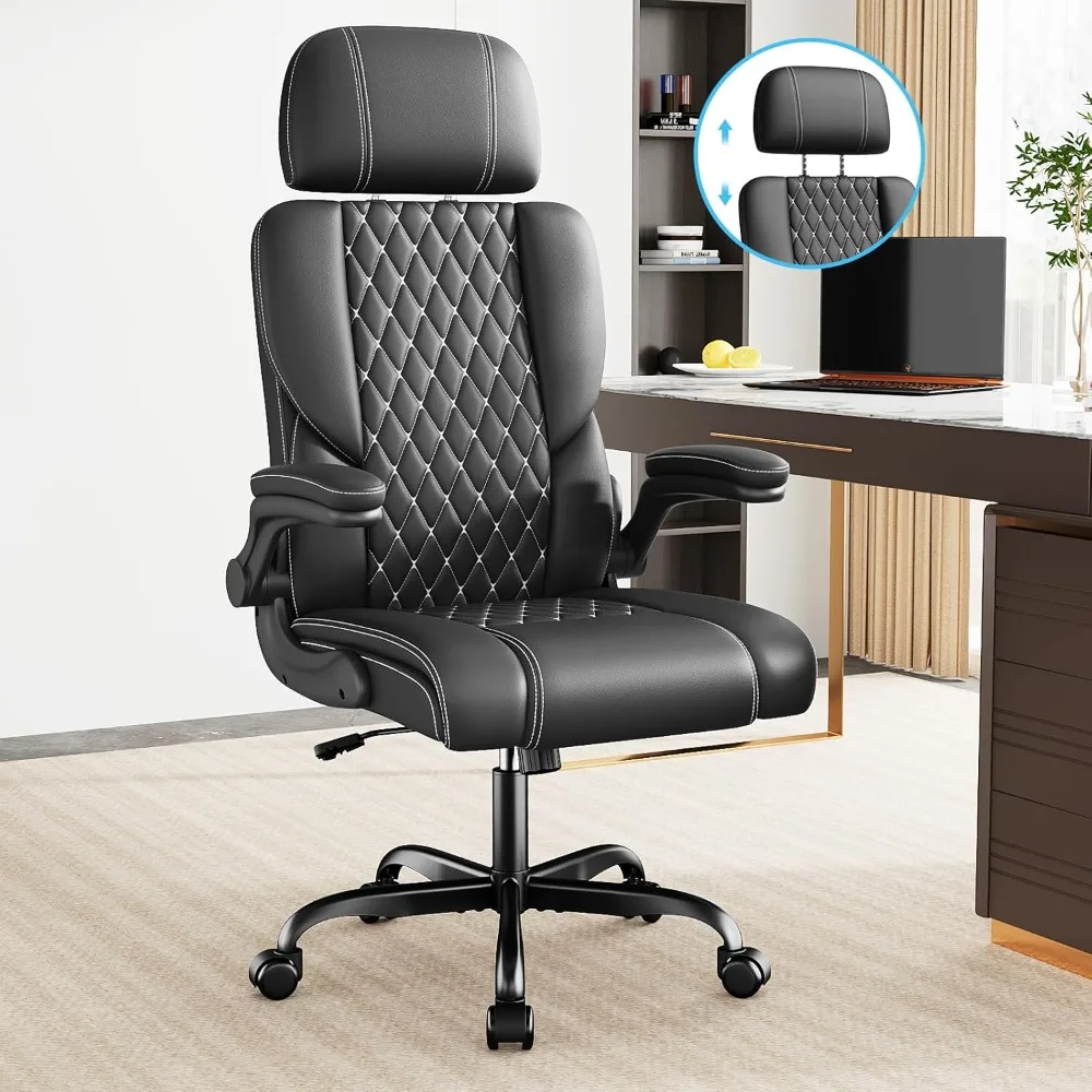 Executive Leather Office Chair, Comfy Desk Chair with Adjustable Headrest & Flip-up Padded Arms & Lumbar Support